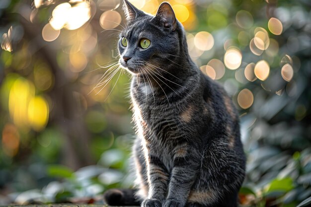 a cat sits on a tree with the sun shining through the leaves