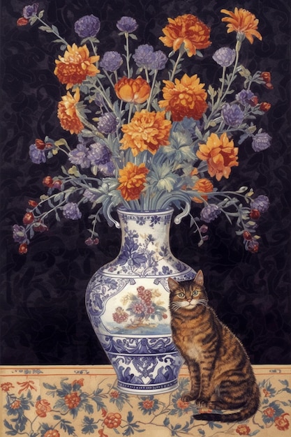 A cat sits next to a vase of flowers with a cat next to it.