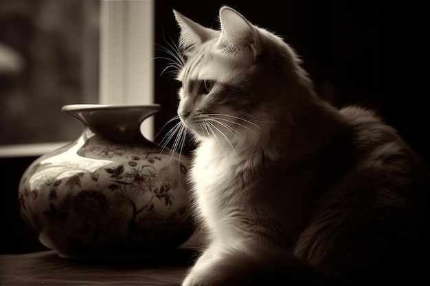 A cat sits next to a vase that has a flower on it.