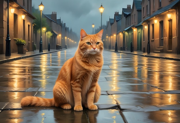 a cat sits on a wet sidewalk in the rain