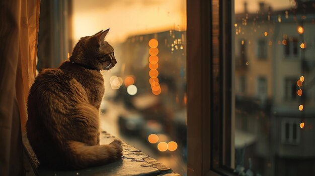 a cat sits on a window ledge looking out at the street