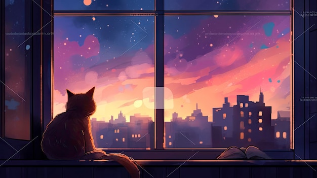 A cat sits on a window sill looking out at a cityscape.