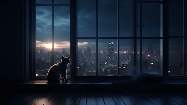 A cat sits on a window sill looking out at a cityscapegenerative ai