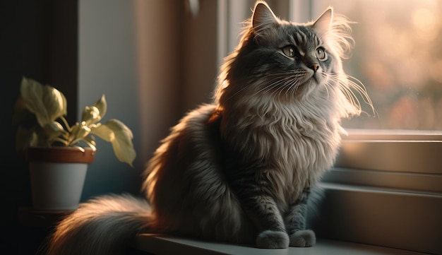 A cat sits on a window sill looking out at a plant.