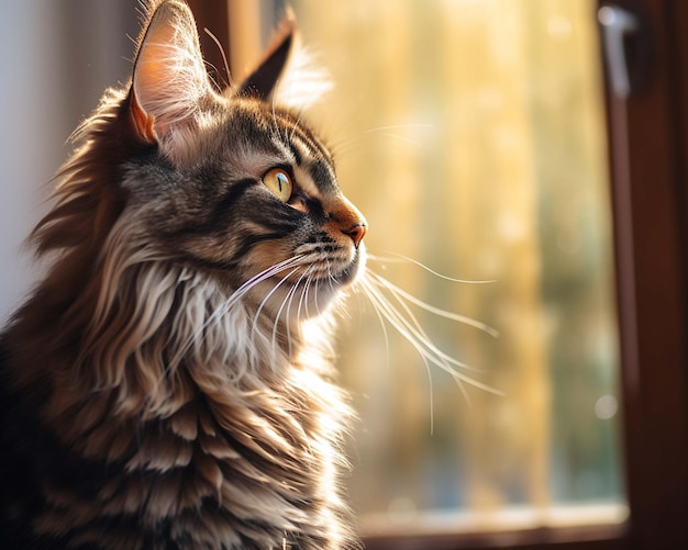 a cat sits on a window sill and looks out the window.