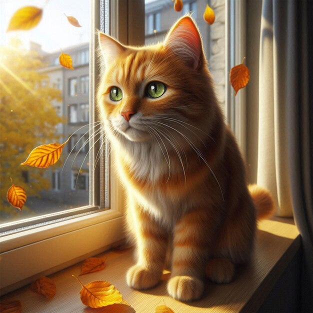 a cat sits on a window sill with leaves on it