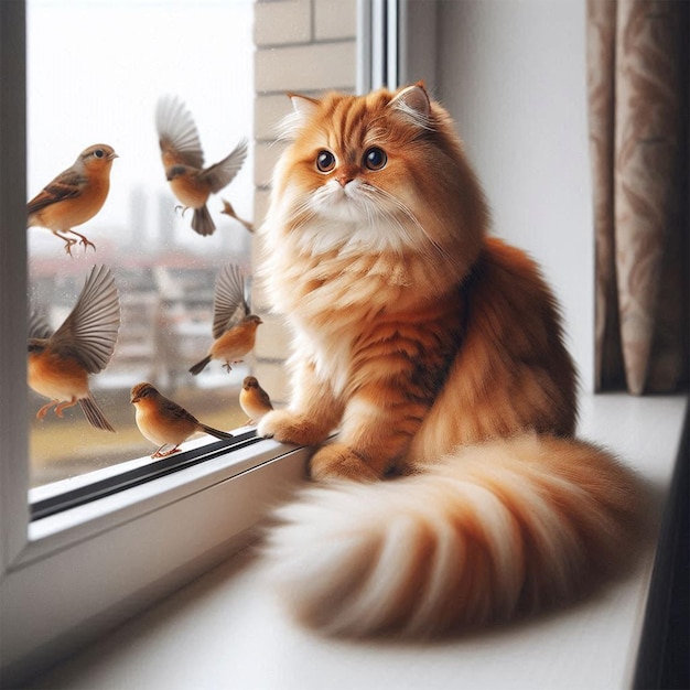 a cat sits on a window sill with a tree in the background a colorful bird is perched on a branch