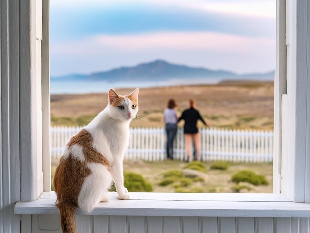 a cat sits on a window sill with two women in the background