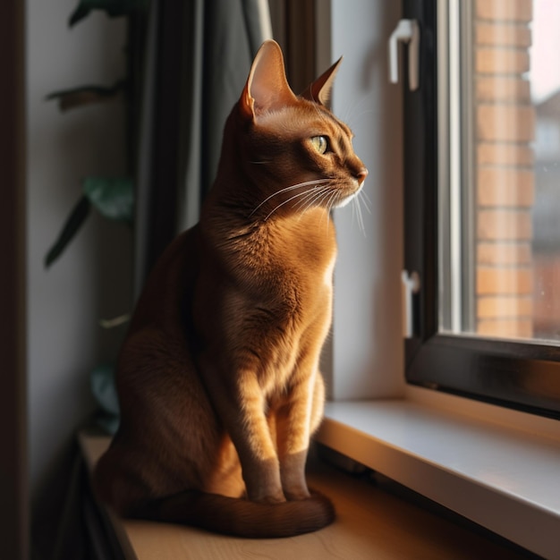 A cat sits on a windowsill looking out a window.