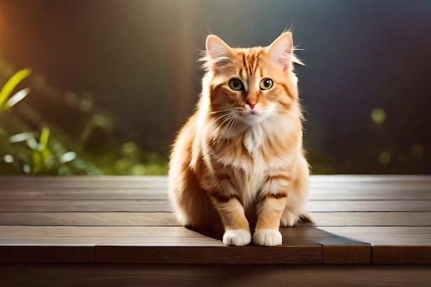 A cat sits on a wooden deck with a green background.