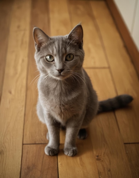 Photo a cat sits on a wooden floor with a blue and white striped cat