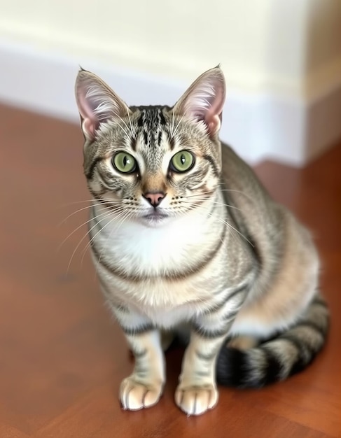 Photo a cat sits on a wooden floor with a white patch on its chest