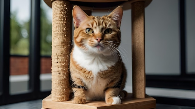 a cat sits on a wooden stand with a clock in the background