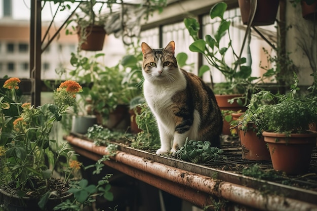 A cat sitting in a balcony garden filled with plants that help purify the air highlighting the positive impact that cats can have on promoting green spaces and reducing air pollution Generative AI