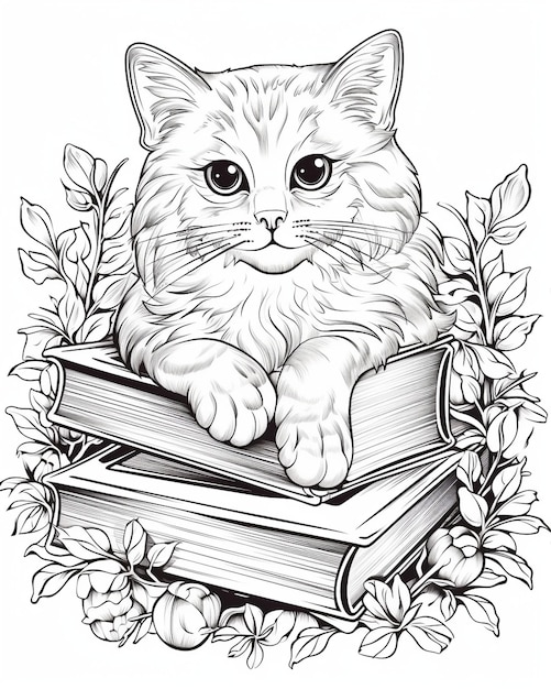 Photo cat sitting on books coloring page