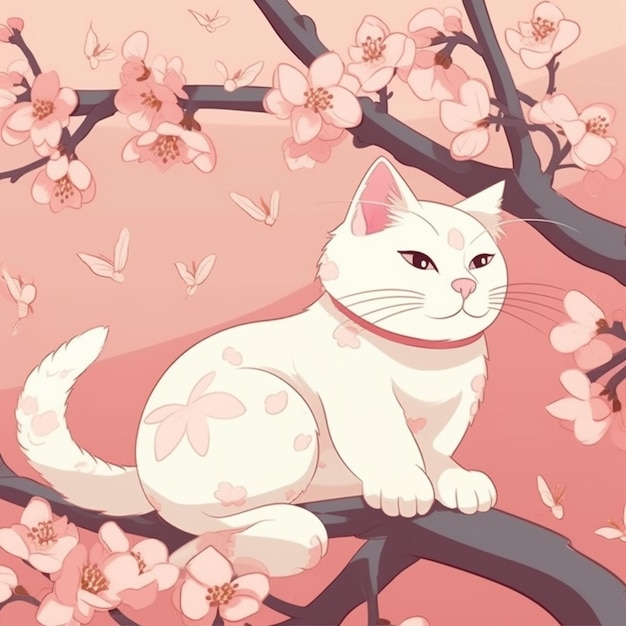 A cat sitting on a branch of a cherry blossom tree.