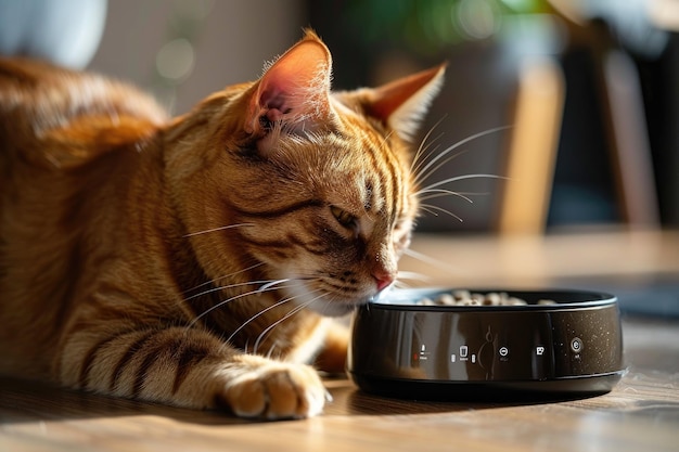 Cat Sitting By Automatic Feeder in Modern Kitchen with Dish of Food