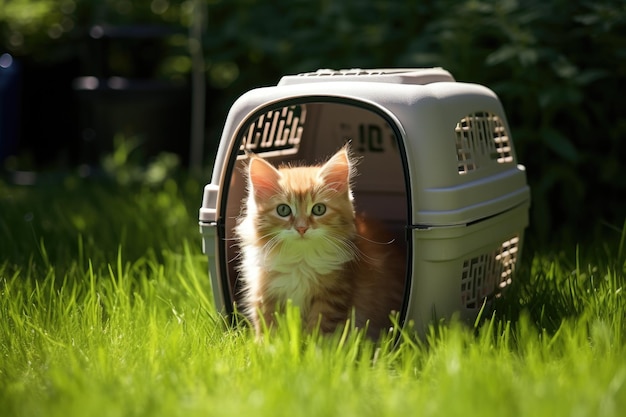 Cat sitting in carrier on grass