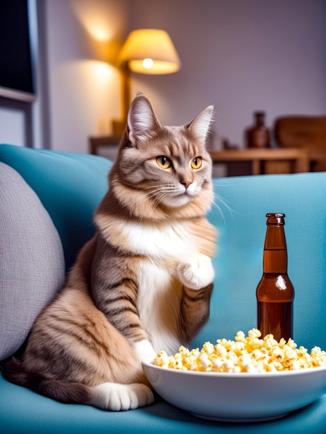 Cat sitting on couch next to bowl of popcorn and bottle of beer