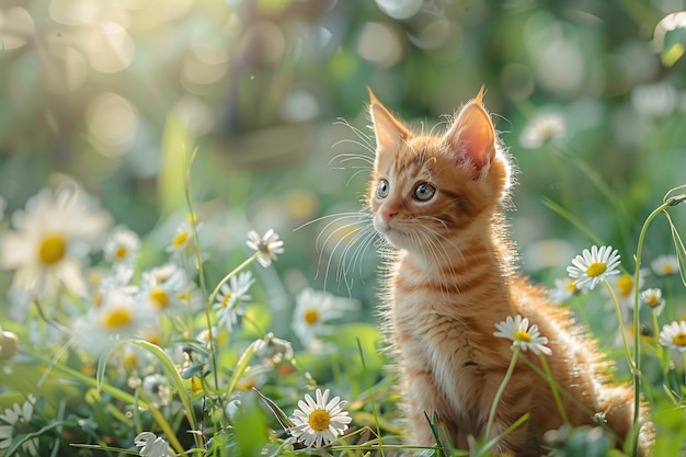 a cat sitting in a field of flowers