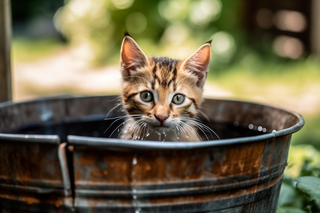 a cat sitting in a flower pot looking at the camera