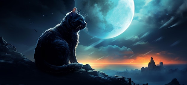 A cat sitting gracefully against a backdrop of a large full moon creating a mysterious and enchanting atmosphere