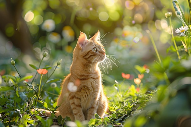 a cat sitting in a grass field