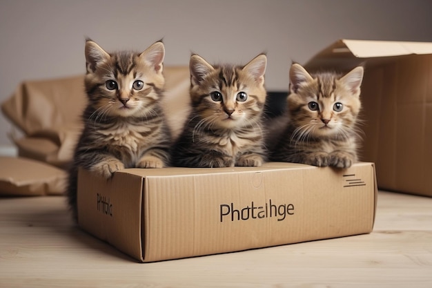 cat sitting inside a cardboard box against a white wall and wooden floor