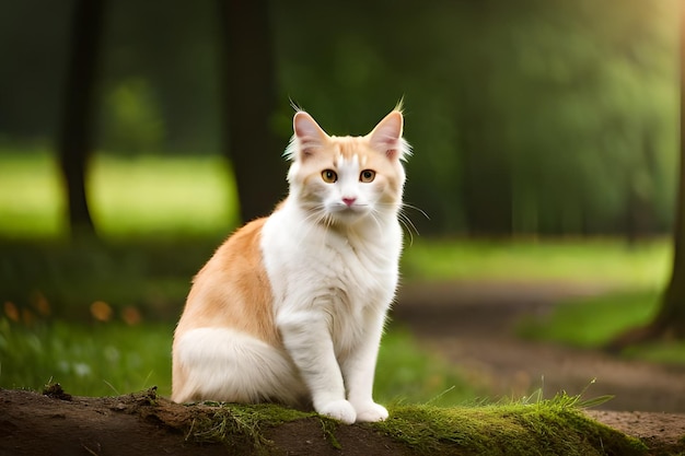 A cat sitting on a log in a park