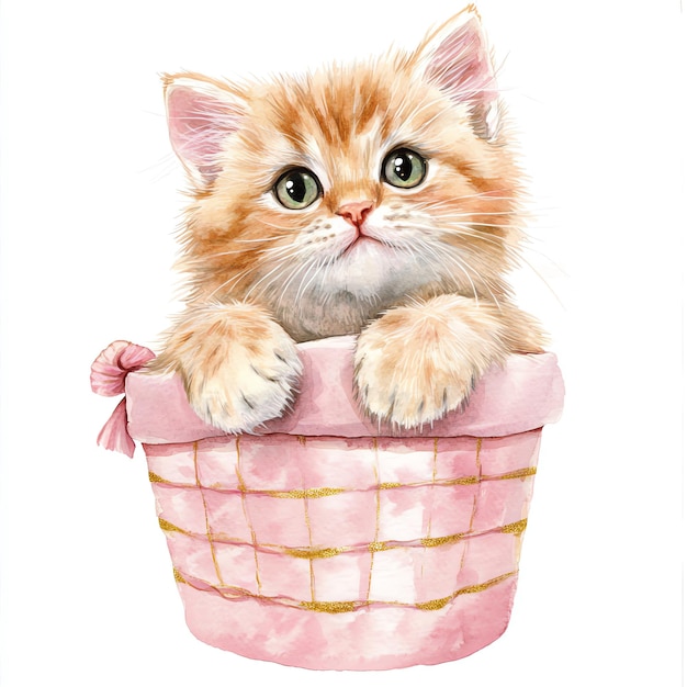 Photo cat sitting in a pink basket nuresery watercolor