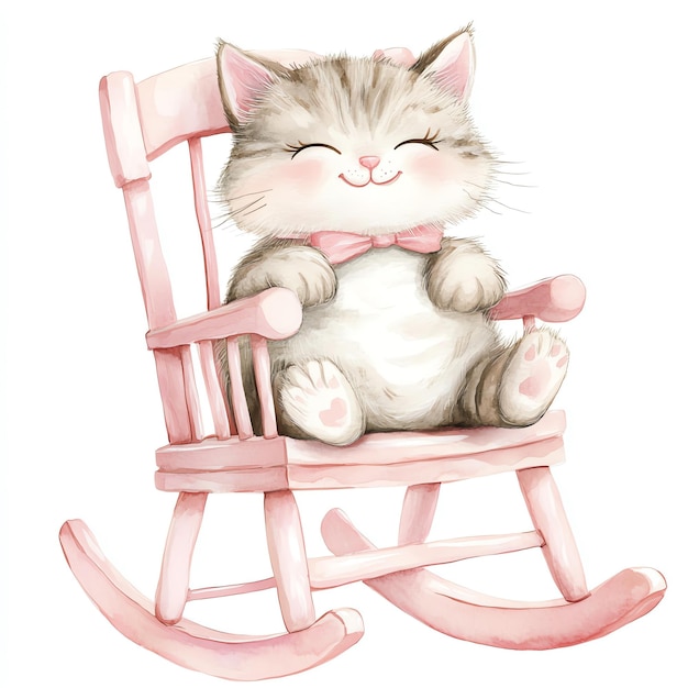 Photo cat sitting on a pink rocking chair nuresery watercolor