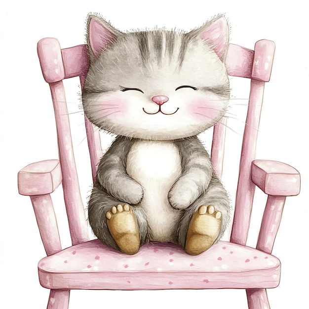 Photo cat sitting on a pink rocking chair nuresery watercolor