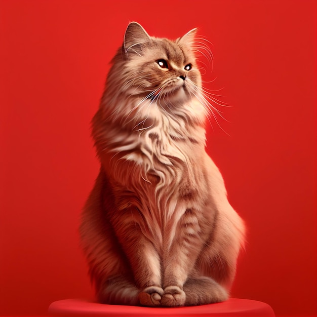 A cat sitting on a red stool with a red background.