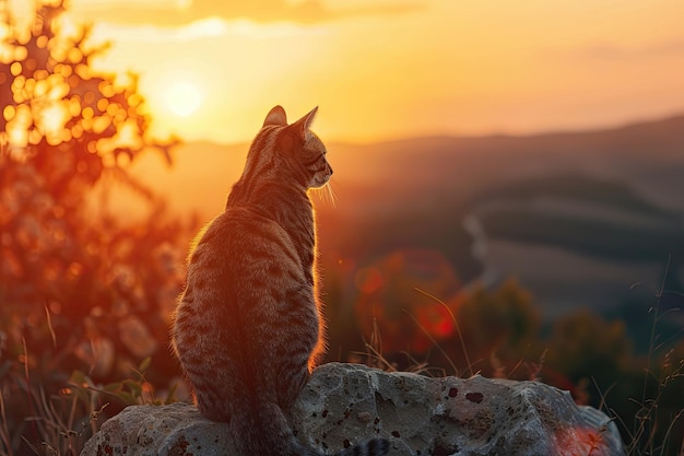 Photo cat sitting on a rock with a beautiful sunset