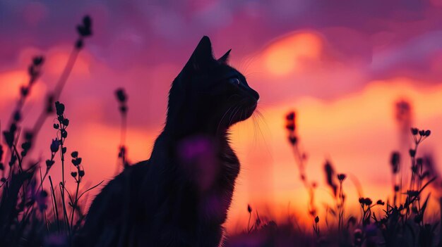 Photo cat sitting silhouette close up focus on copy space against vibrant sunset sky double exposure silhouette with serene beauty