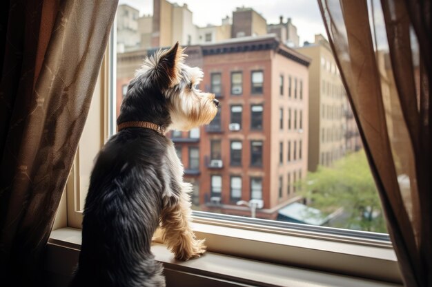 Photo cat sitting on windowsill indoors looking at a small brown terrier dog outside dominant colors are black brown and grey