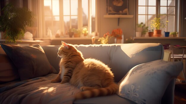 Cat sleep calm and relax on sofa Generative AI