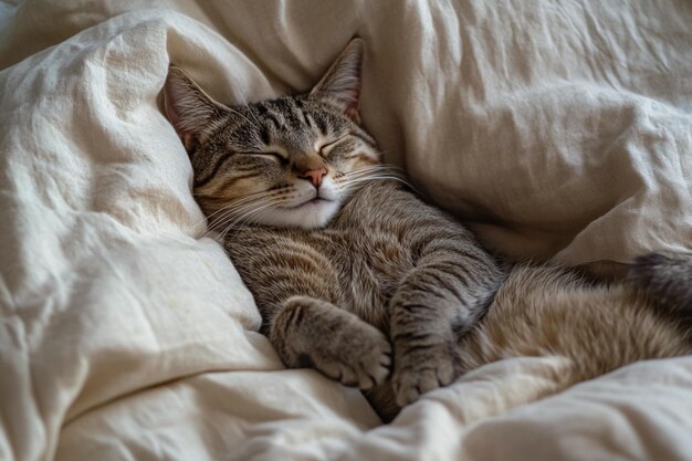 Photo a cat sleeping on a bed with a white sheet with a black and white cat sleeping