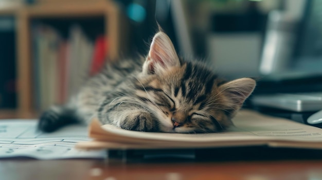 a cat sleeping on a book with the word on it