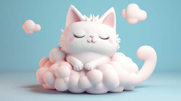 A cat sleeping on a cloud with a pink background.