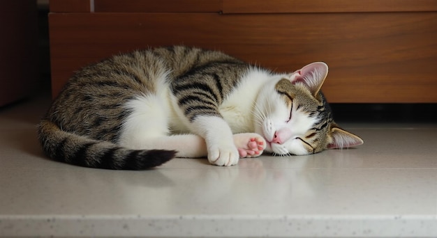 a cat sleeping on a counter with its eyes closed