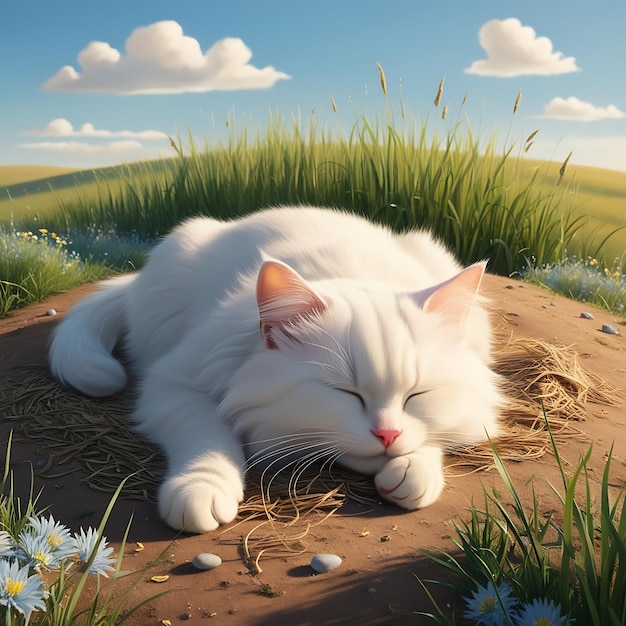 a cat sleeping in a field of flowers with a white cat sleeping on it