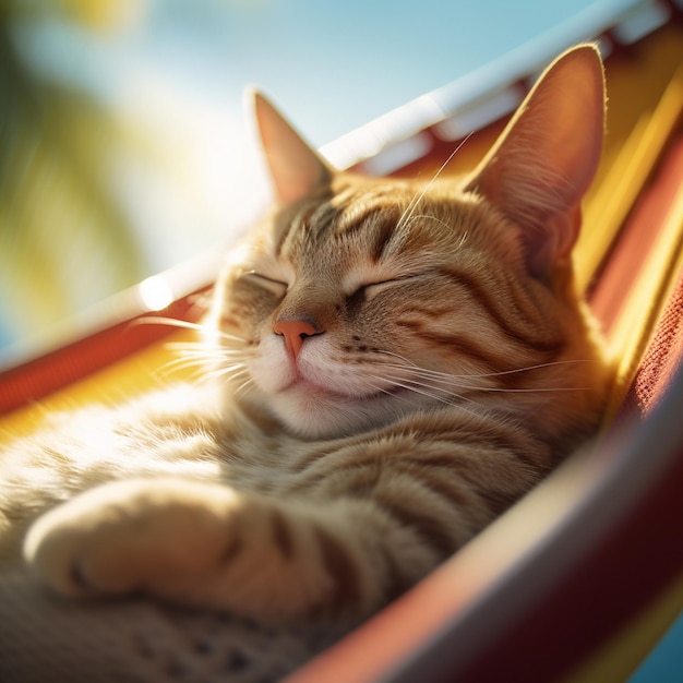 a cat sleeping in a hammock with the sun shining through the window.