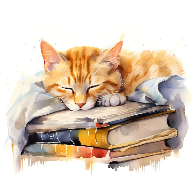 Cat sleeping Kitten sleeping on books clipart Watercolor illustration Generative AI