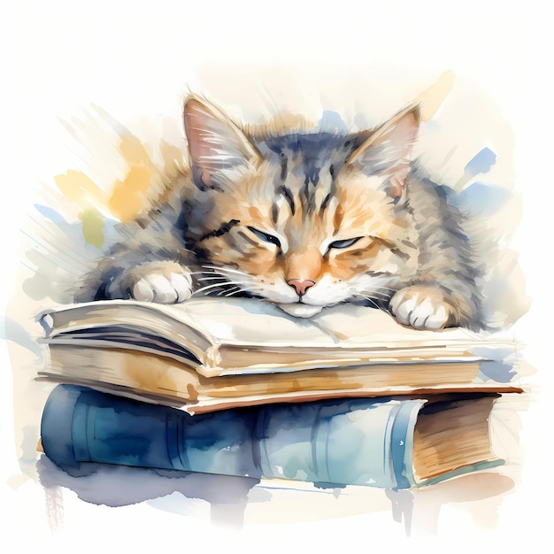 Cat sleeping Kitten sleeping on books clipart Watercolor illustration Generative AI