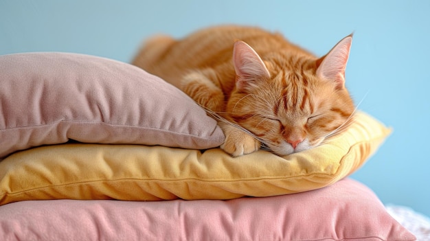 Cat Sleeping Peacefully on Soft Pillows