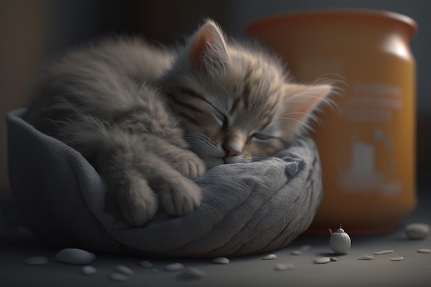 A cat sleeping on a pillow with a cup of tea behind it