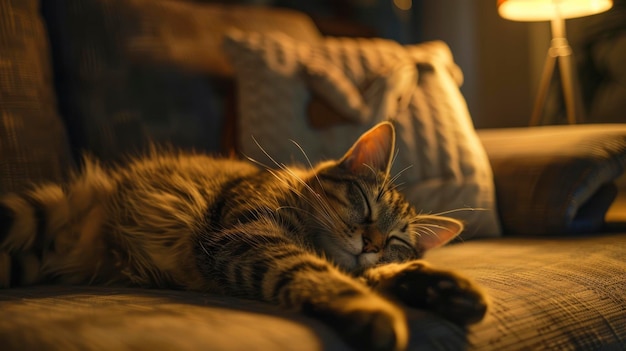 Cat sleeping on a sofa cozy living room with soft ambient lighting peaceful and relaxed atmosphere detailed and sharp photorealistic hd quality ar 169 Job ID d8a797bd43994dd694051af160acb740