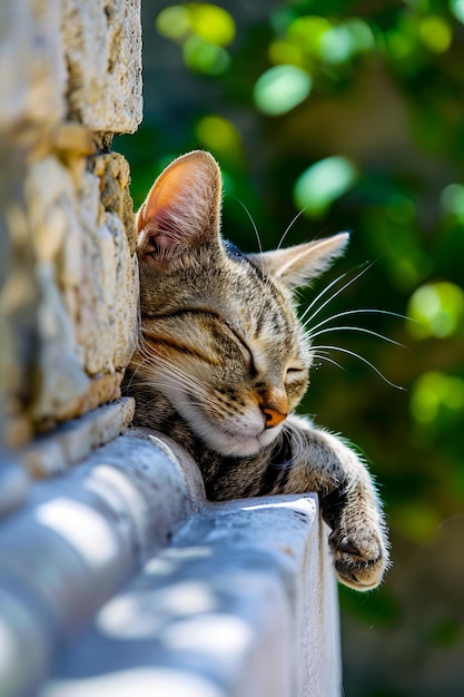 A cat sleeping on a stone wall