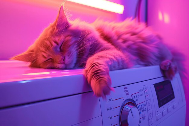 Photo a cat sleeping on top of a washing machine with a purple light behind it